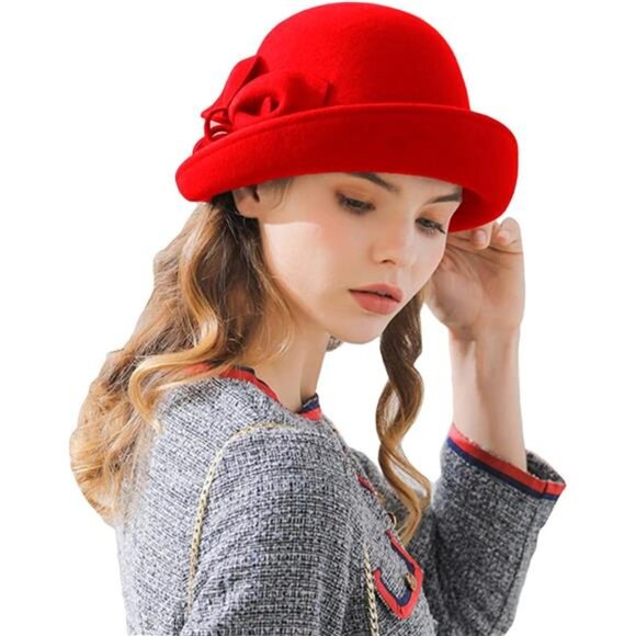 Women's Vintage 100% Wool Felt Cloche Bucket Bowler Hat A09 Red